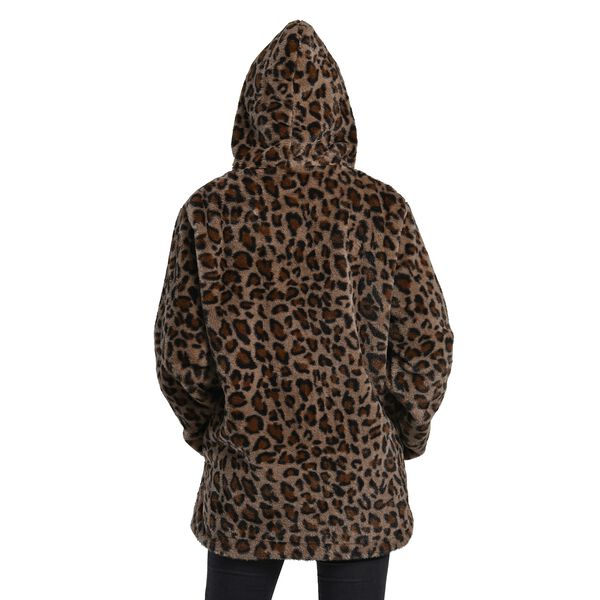 LA MAREY - Kunstfell Wintermantel mit Kapuze, Leopardenmuster, Größe L, Braun image number 5