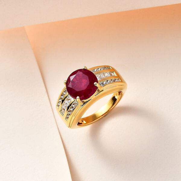 Afrikanischer Rubin (Fissure gef&uuml;llt), Wei&szlig;er Zirkon Ring, 925 Silber Gelbgold Vermeil (Gr&ouml;&szlig;e 19.00) ca. 6.52 ct image number 2