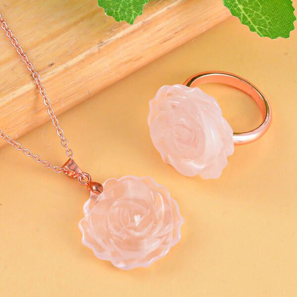 2er Set - Handgeschnitzter Rosenquarz Anh&auml;nger mit Kette und Ring (Gr&ouml;&szlig;e 16.00), ros&eacute;farben, ca. 30.00 ct image number 2