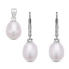 2er Set, S&uuml;&szlig;wasserzuchtperlen Ohrringe und Anh&auml;nger, 925 Silber rhodiniert, wei&szlig;