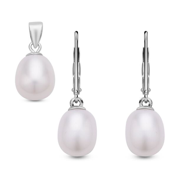 2er Set, S&uuml;&szlig;wasserzuchtperlen Ohrringe und Anh&auml;nger, 925 Silber rhodiniert, wei&szlig;