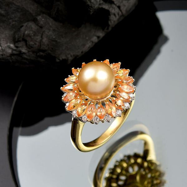 D'Joy AA Goldene S&uuml;dsee Perle (9-11 mm), Gelber Saphir Ring 925 Silber 750 Gelbgold Vermeil image number 2