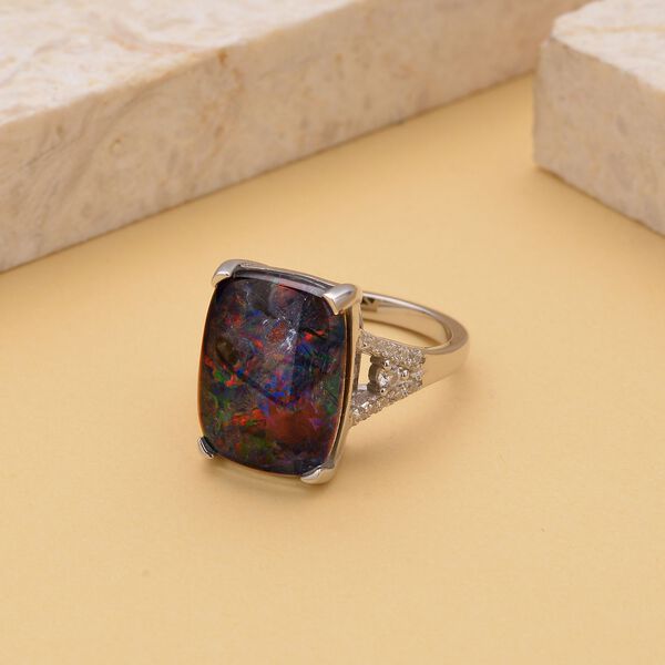 Boulder Opal Triplett und Zirkon-Ring, 925 Silber rhodiniert, 7,09 ct. image number 1