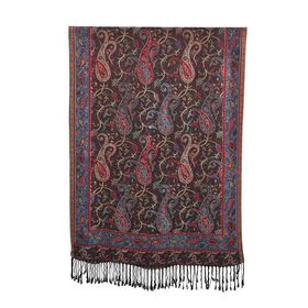 Schal mit Quasten und mehrfarbigem Paisleymuster, 70x180 cm, Schwarz