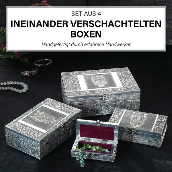 4er Set - Teakholzboxen Schmuckbox, Eulen-Prägung image number 2