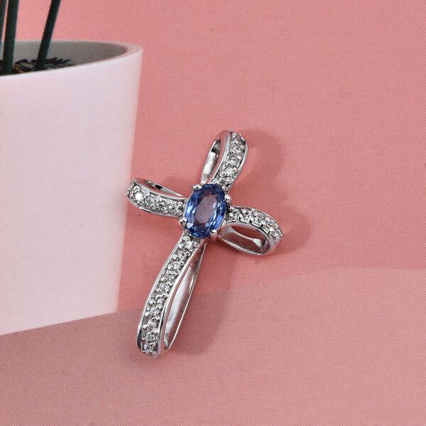 D'Joy Ceylon-Saphir, Wei&szlig;er Zirkon Anh&auml;nger 925 Silber rhodiniert ca. 0.77 ct image number 1