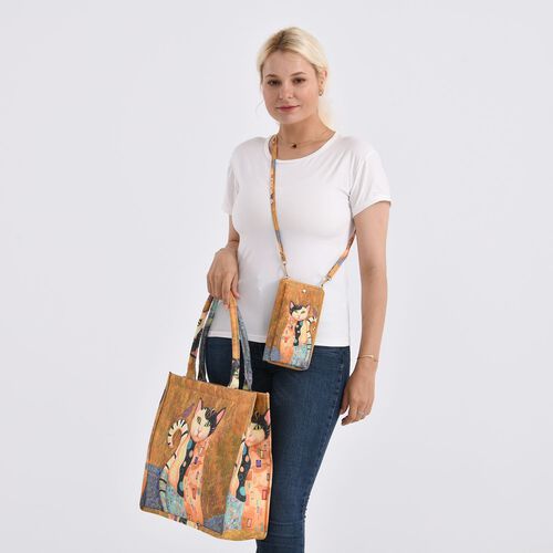 2-teiliges Taschenset - 40x12x35cm Shopper und 20x11x2cm Handytasche, Katzenmotiv image number 1