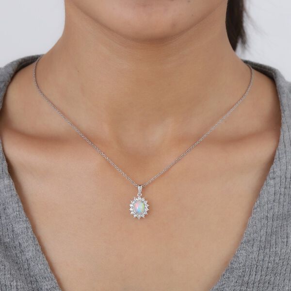 Nat&uuml;rlicher &Auml;thiopischer Opal und Zirkon Halo Anh&auml;nger 925 Silber Platin-&Uuml;berzug ca. 1,40 ct image number 2