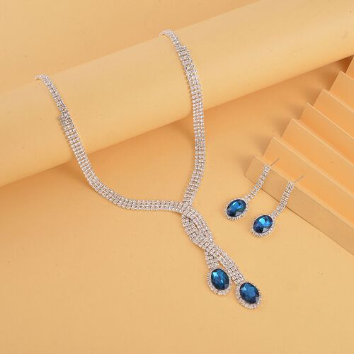 2er Set - Blauer Kristall Halskette und Ohrhänger Schmuckset image number 1