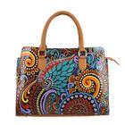 Handbemalte Satchel-Tasche aus 100?% Echtleder mit kunstvoller Prägung und Mandala-Design, 31 x 10 x 23?cm, Blau-Tan