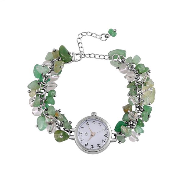 Strada Gr&uuml;ner Aventurin-Perlenuhr, Japanisches Uhrwerk, Legierungsgeh&auml;use, Wei&szlig; mit schwarzen Ziffern