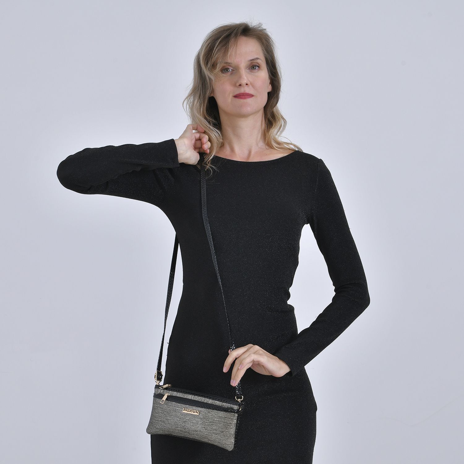 Sling Crossbody Bag Stylische Silber Umhangetasche 3 ReiBverschlussfacher Vielseitiger 130 cm Gurt PU AuBenseite 100 Polyester Futter Kompakte GroBe 22x12 cm SHOPLC