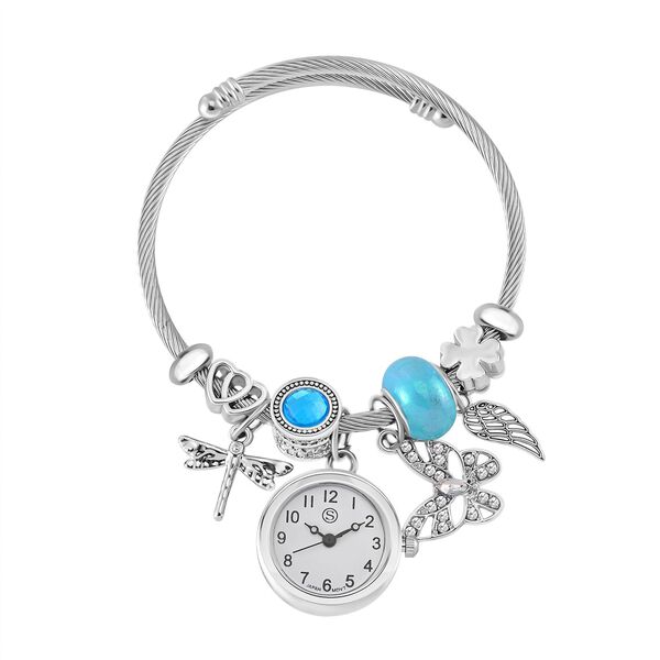 STRADA - Japanisches Uhrwerk mit wei&szlig;em Kristall, Stahl-Glanz, blaue Perlen und Charms, Edelstahl