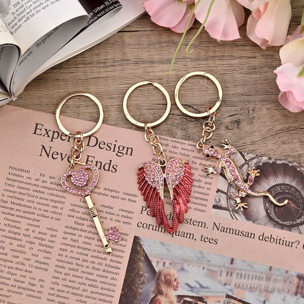3er Set - Schl&uuml;sselanh&auml;ngern inklusive Muster (Gecko, Fl&uuml;gel und Herz), Rosa Kristall mit Gold image number 2