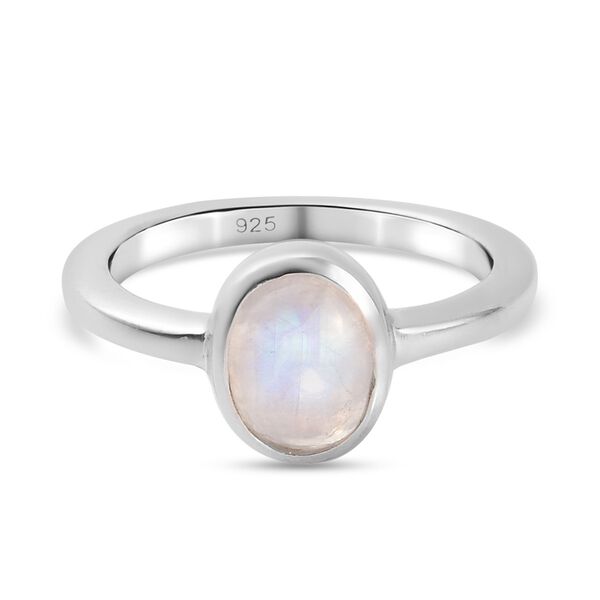 Regenbogen Mondstein Solit&auml;r Ring 925 Silber Platin-&Uuml;berzug