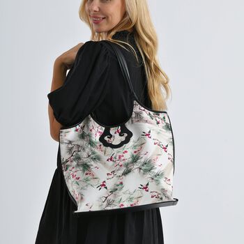 LA MAREY Brokat Handtasche aus Seide und Echtleder, 34x35x11,5cm, Wei&szlig; mit lila Blumen