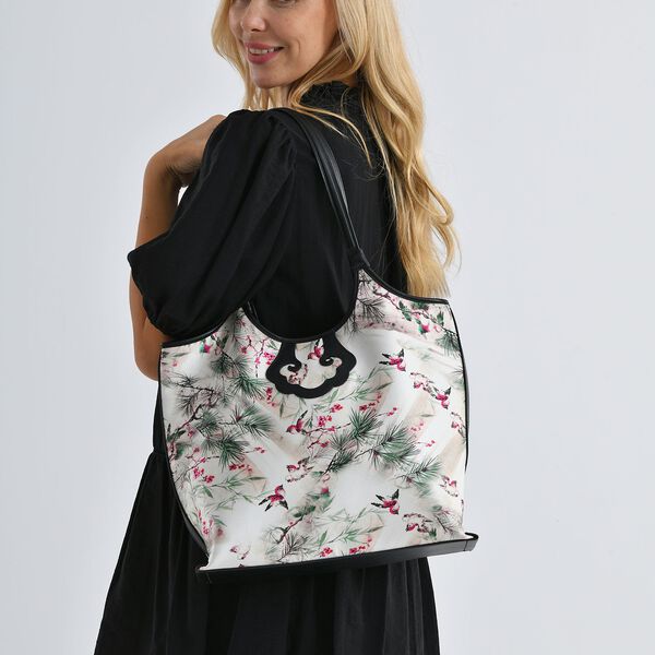 LA MAREY Brokat Handtasche aus Seide und Echtleder, 34x35x11,5cm, Wei&szlig; mit lila Blumen image number 3