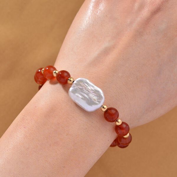 Roter Achat, Weiße Keshi Perle Armband, ca. 18cm mit 5cm extender, Reine Legierung goldfarben image number 2