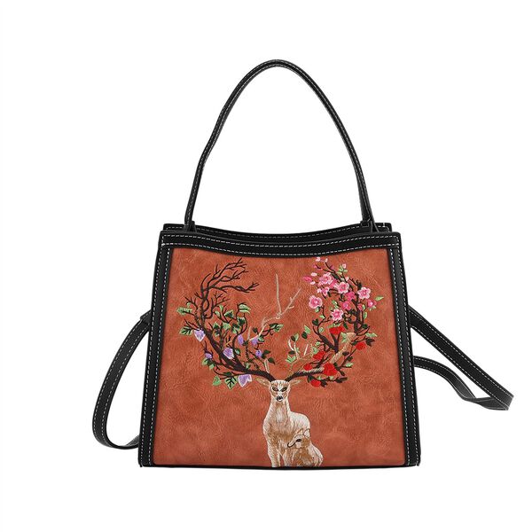 "PU Embroidered crossbody bag Color: Orange Size:  25*11*21cm   Wall: PU Lining: Polyester Exterior:zipped-1,pocket-1 Interior: zipped-2,slid-1 Long Shoulder strap:130cm " image number 0