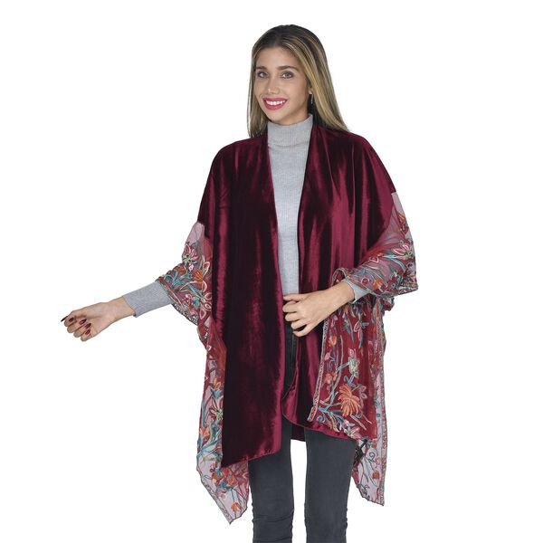TAMSY Kimono aus Samt mit Blumenstickerei, Einheitsgr&ouml;&szlig;e Burgunderrot image number 3