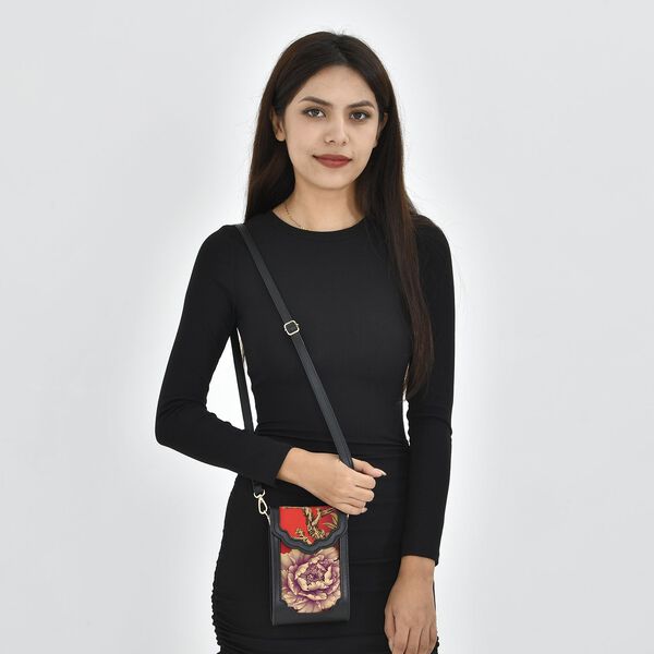 Luxury Edition: Seidenbrokat Handytasche aus echtem Leder und Satin Geschenbox, RFID, Pfingstrose image number 1