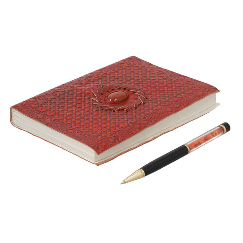 Leder, Hand-geprägtes Tagebuch mit handgeschöpften Papieren und Kugelschreiber, Karneol, 2tlg. image number 0