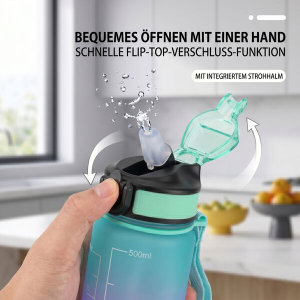 LIVMORE Komfort Trinkflasche mit Trinkhalm und Trageschlaufe, 500 ml, T&uuml;rkis Lila Ombre image number 7