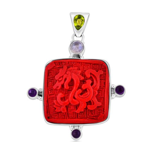 Mexikanische Zinnober, Regenbogen Mondstein Anhänger 925 Silber ca. 35,08 ct. image number 0