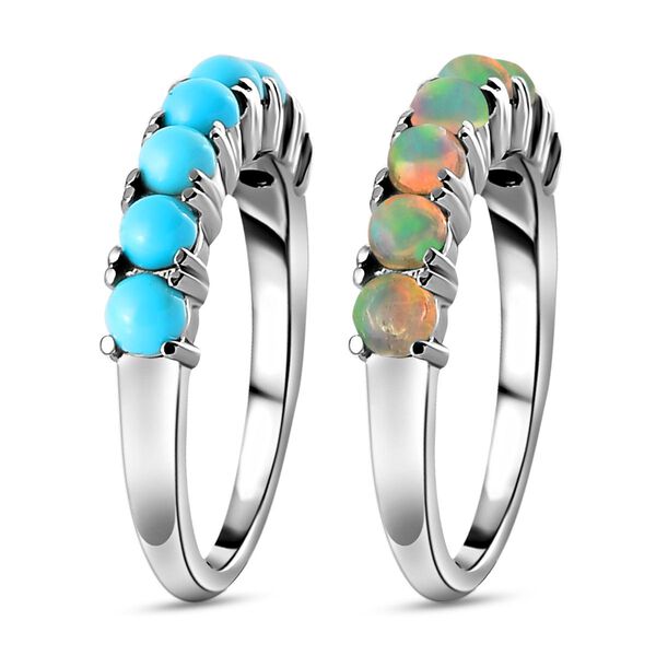 2er Set - Sleeping Beauty Türkis und natürlicher, äthiopischer Opal-Half-Eternity-Ring in Silberton, 1,35 ct. image number 5