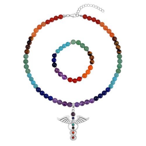 2er Set - Engel Anhänger Set mit Regenbogen Edelsteinperlen Halskette und Armband image number 0