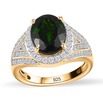 AA Nat&uuml;rlicher Chromdiopsid, Wei&szlig;er Zirkon Ring, 925 Silber Gelbgold Vermeil (Gr&ouml;&szlig;e 17.00), ca. 4.77 ct