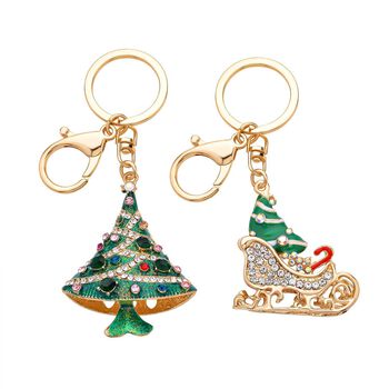 2er Set - mehrfarbige Kristall Weihnachtsbaum- und Weihnachtsgeschenke-Schlitten Schl&uuml;sselanh&auml;nger