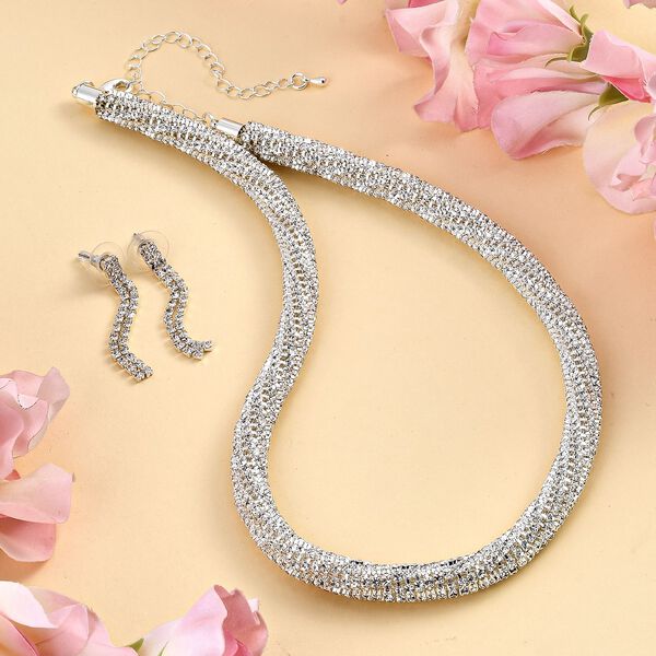 2er Set - Wei&szlig;es Kristall Ohrringe und Halskette Schmuckset, reines Messing image number 1