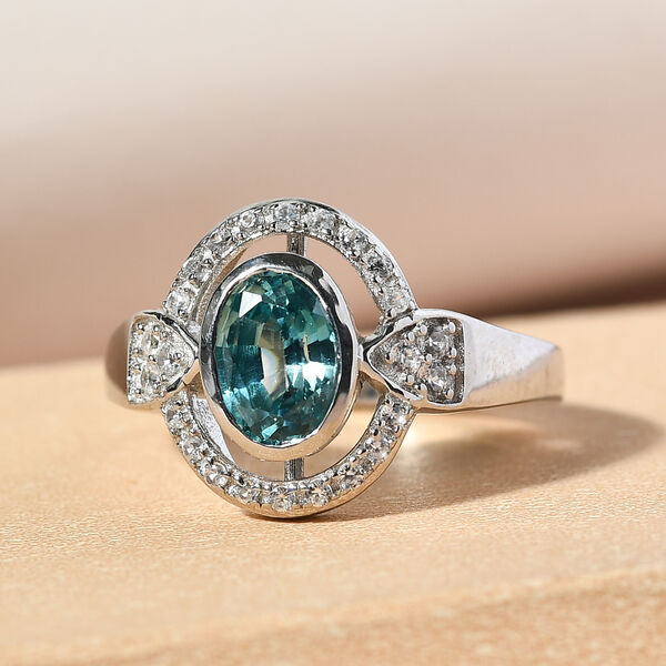 Kambodschanischer blauer Zirkon und Zirkon Halo Ring 925 Silber Platin-Überzug image number 4