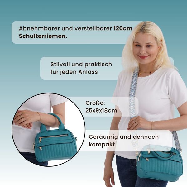 Crossbody-Tasche mit mehreren Reißverschlussfächern und abnehmbarem Gurt, 25x9x18cm, Türkis image number 4