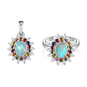 AA äthiopischer Welo Opal, Multi Saphir und Zirkon Ring und Anhänger