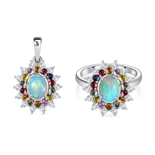 AA äthiopischer Welo Opal, Multi Saphir und Zirkon Ring und Anhänger image number 0