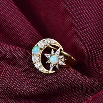 D'Joy AA Nat&uuml;rlicher, &auml;thiopischer Welo Opal, Wei&szlig;er Zirkon Ring 925 Silber 750 Gelb Vergoldet (Gr&ouml;&szlig;e 20.00) ca. 0,79 ct