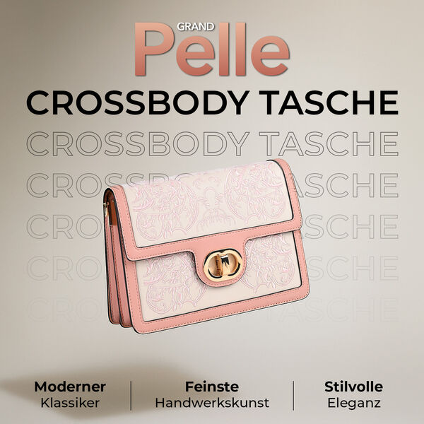 Grand Pelle Umhängetasche aus echtem Leder, Stickerei, Klappverschluss, Kettenriemen, 23x8x16 cm, Rosa image number 2