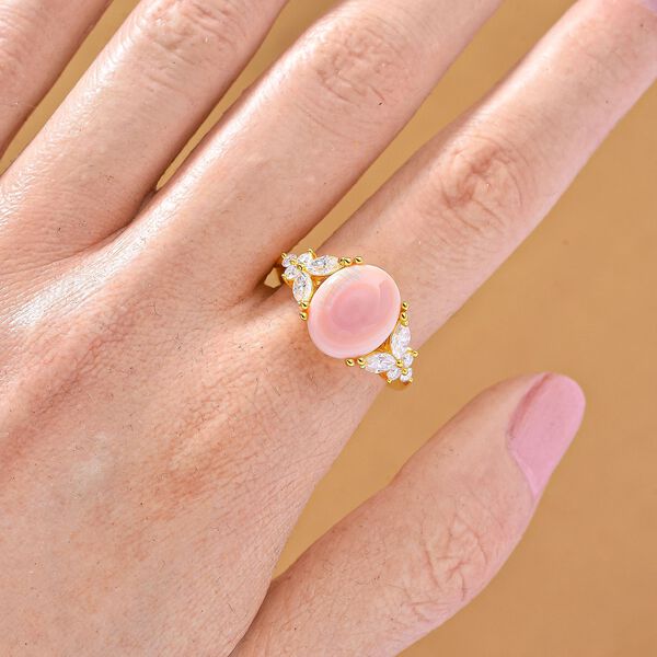 D'Joy Moissanit, Natürlicher Rosa Königsmuschel Perle Ring 925 Silber 750 Gelbgold Vermeil (Größe 16.00) image number 2