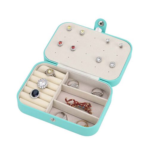 "1 Jewelry box + 10 pcs Silver polish cloth  PU Jewelry Organizer with button Closure  (6.75""x 4.5""x2"") , (Hold Upto 5 Hooks, 10 Pairs of Ear Nails, 6 Rings Slot, 20 Earrings Hole) Color:Blue image number 0
