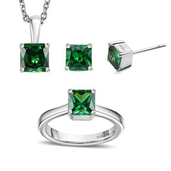 3er Set - Chromdiopsid Zirkonia Anh&auml;nger mit Kette,  Ring und Ohrringe (Gr&ouml;&szlig;e 18.00), Edelstahl