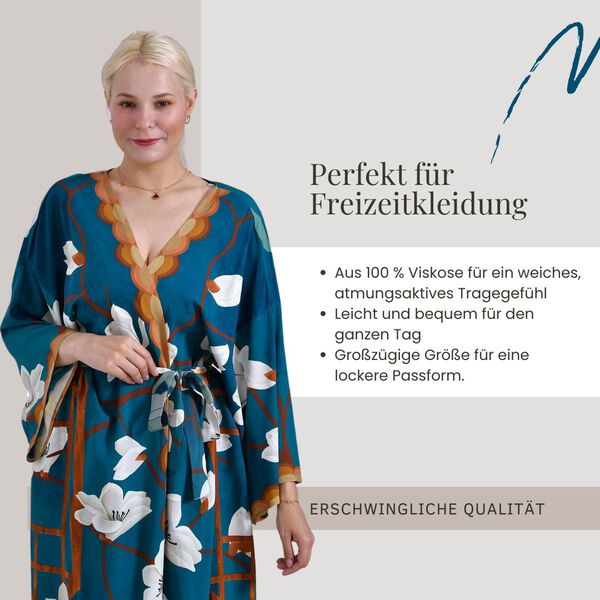 Kimono mit Gürtel , Blumenmuster, 128×78 cm, Blau image number 3