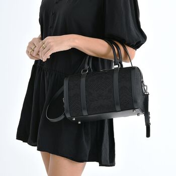 LA MAREY Brokat Crossbody Tasche aus Seide und Echtleder, 30x18x15cm, Schwarz