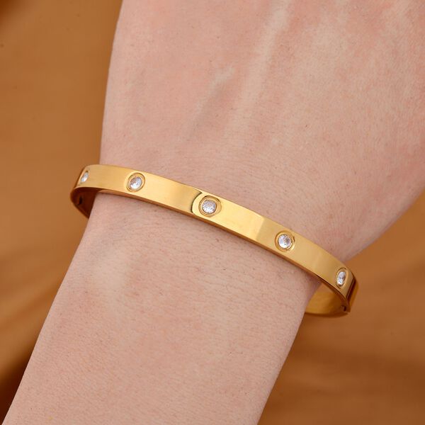 Weißer Zirkonia Armreif, ca. 18.5 cm Reiner Edelstahl, vergoldet image number 2