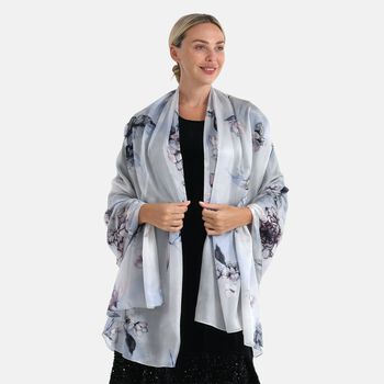 LA MAREY Signature Seidenschal aus 100% Maulbeerseide, 110 x 195 cm, Blau Grau Floral