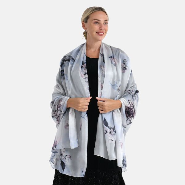 LA MAREY Signature Seidenschal aus 100% Maulbeerseide, 110 x 195 cm, Blau Grau Floral