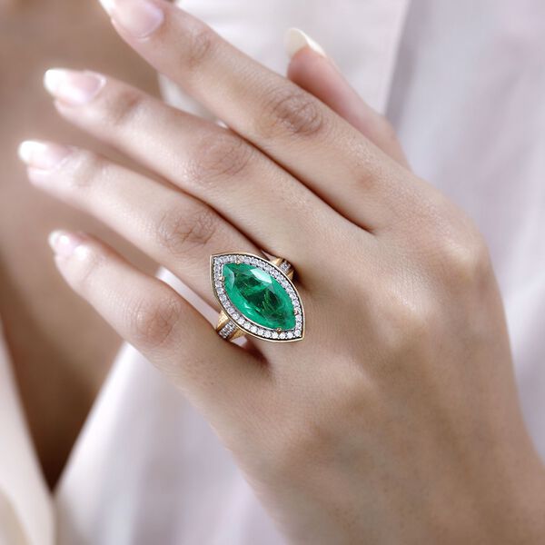 Smaragd-Quarz-Triplette, wei&szlig;er Zirkon Ring, 925 Silber Gelbgold Vermeil (Gr&ouml;&szlig;e 17.00) ca. 9.39 ct image number 3