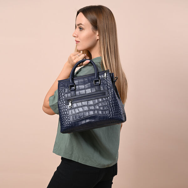 Schultertasche aus 100% echtem Leder mit Kroko-Pr&auml;gung und abnehmbarem Riemen, Dunkelblau&nbsp; image number 3