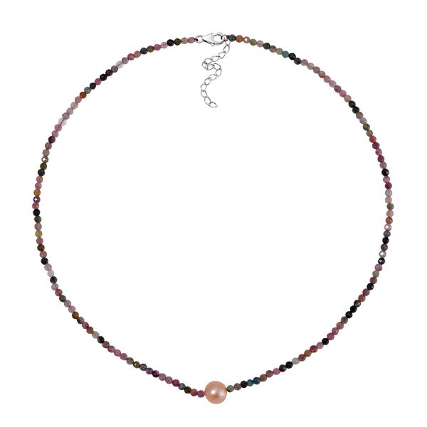 Mehrfarbige-Turmalin flexible Halskette, Pfirsich Perlen, 925 Silber rhodiniert image number 3